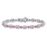 14k White Gold Complete Lab Created Pink Sapphire Flowers 7 inch Bracelet