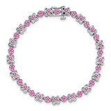14k White Gold Complete Lab Created Pink Sapphire Flowers 7 inch Bracelet