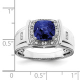 14k White Gold Cushion Created Sapphire and Diamond Mens Ring
