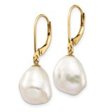 14k 10x12mm White Keshi Freshwater Cultured Pearl Dangle Leverback Earrings