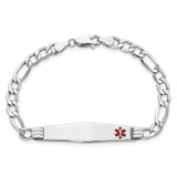 14K White Gold Medical Semi-Solid Chain/Solid Plate Soft Diamond Shape 37x9mm Off-Center Red Enamel Figaro Link 7 inch ID Bracelet