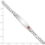 14K White Gold Medical Semi-Solid Chain/Solid Plate Soft Diamond Shape 37x9mm Off-Center Red Enamel Figaro Link 8 inch ID Bracelet