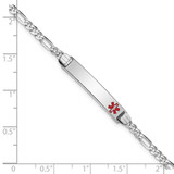 14K White Gold Medical Solid Chain/Solid Plate 26x5mm Off-Center Red Enamel Figaro Link 8 inch ID Bracelet - XM-21CFAFE1-3033