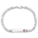 14K White Gold Medical Solid Chain/Solid Plate 26x5mm Off-Center Red Enamel Figaro Link 8 inch ID Bracelet - XM-B35FEBF0-1536