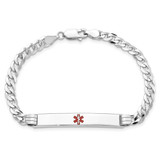 14K White Gold Medical Solid Chain/Solid Plate 37x6mm Centered Red Enamel Flat Curb Link 7 inch ID Bracelet