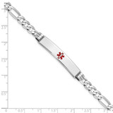 14K White Gold Medical Solid Chain/Solid Plate 37x7mm Centered Red Enamel Figaro Link 8 inch ID Bracelet