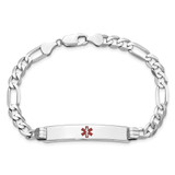14K White Gold Medical Solid Chain/Solid Plate 37x7mm Centered Red Enamel Figaro Link 8 inch ID Bracelet