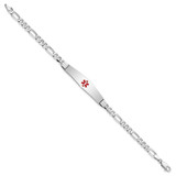14K White Gold Medical Solid Chain/Solid Plate Soft Diamond Shape 36x9mm Centered Red Enamel Figaro Link 7 inch ID Bracelet