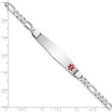 14K White Gold Medical Solid Chain/Solid Plate Soft Diamond Shape 37x9mm Off-Center Red Enamel Figaro Link 8 inch ID Bracelet