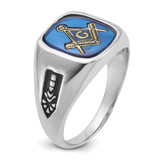 14k White Gold Men's Polished and Grooved with Black Enamel and Imitation Blue Spinel Masonic Ring