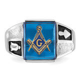 14k White Gold Men's Polished and Textured with Black Enamel and Imitation Blue Spinel Masonic Ring - Y4-1AB89BB8-2626