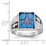 14k White Gold Men's Polished and Textured with Black Enamel and Imitation Blue Spinel Masonic Ring - Y4-1AB89BB8-2626