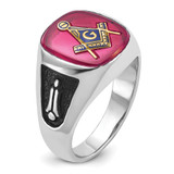 14k White Gold Men's Polished and Textured with Black Enamel and Lab Created Ruby Masonic Ring