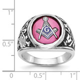 14k White Gold Men's Polished, Antiqued and Textured with Lab Created Ruby Masonic Ring