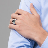 14k White Gold Onyx and Diamond Greek Key Design Mens Ring