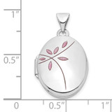 14k White Gold Pink Enamel Leaves 19mm Oval Locket