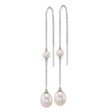 14k White Gold Polished 4-5mm Near Round and 7-8mm Teardrop White Freshwater Cultured Pearl and Chain Threader Earrings