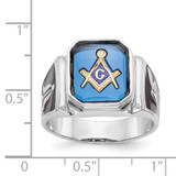 14k White Gold Polished and Textured with Black Enamel and Imitation Blue Spinel Masonic Ring