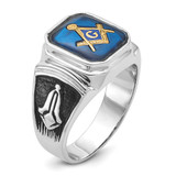 14k White Gold Polished and Textured with Black Enamel and Imitation Blue Spinel Masonic Ring