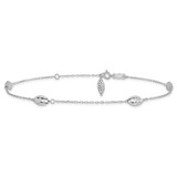 14k White Gold Polished Cable Chain and Diamond-cut Rice Puff Beads 4-Station 9 inch Anklet Plus 1 inch Extender