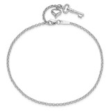14k White Gold Polished Curb Link Chain with Puffed Heart and Key Dangle 9 inch Anklet Plus 1 inch Extender
