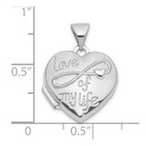 14K white Gold Polished LOVE OF MY LIFE with Infinity 15mm Heart Locket