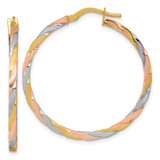14k with Rose and White Rhodium Polished Twisted 2.00 x 34mm Tube Hoop Earrings
