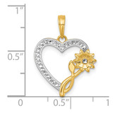 14k with White Rhodium Polished Flower On Heart Pendant
