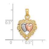 14k Yellow and Rose Gold w/White Rhodium Textured Hearts Charm