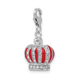 Amore La Vita Sterling Silver Rhodium-plated Polished 3-D Crystal and Red Enameled Crown Charm with Fancy Lobster Clasp