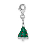 Amore La Vita Sterling Silver Rhodium-plated Polished 3-D Enameled Christmas Tree Charm with Fancy Lobster Clasp