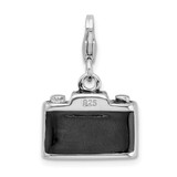 Amore La Vita Sterling Silver Rhodium-plated Polished 3-D Enameled Crystal Camera Charm with Fancy Lobster Clasp