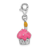 Amore La Vita Sterling Silver Rhodium-plated Polished 3-D Enameled Cupcake and Candle Charm with Fancy Lobster Clasp