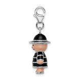 Amore La Vita Sterling Silver Rhodium-plated Polished 3-D Enameled Teddy Bear in Black Hat and Coat Charm with Fancy Lobster Clasp