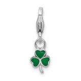 Amore La Vita Sterling Silver Rhodium-plated Polished 3-D Green Enameled Clover Charm with Fancy Lobster Clasp