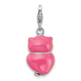 Amore La Vita Sterling Silver Rhodium-plated Polished 3-D Pink Enameled Heart Owl Charm with Fancy Lobster Clasp
