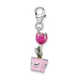 Amore La Vita Sterling Silver Rhodium-plated Polished 3-D Pink Enameled Potted Tulip Charm with Fancy Lobster Clasp