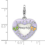 Amore La Vita Sterling Silver Rhodium-plated Purple Enameled Heart with Green and Yellow Enameled Butterflies and Little Princess Photo Frame Charm with Fancy Lobster Clasp