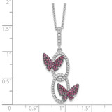 Brilliant Embers Sterling Silver Rhodium-plated 18 inch White CZ Ovals with Red CZ Butterflies Necklace with 2 Inch Extender