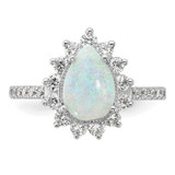 Cheryl M Sterling Silver Rhodium-plated Cabochon Lab Created Opal and Brilliant-cut CZ Teardrop Halo Ring - QC-14824A21-8436