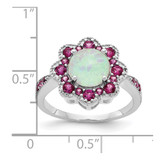 Cheryl M Sterling Silver Rhodium-plated Cabochon Lab Created Opal and Brilliant-cut Red Nano Crystal Flower Ring - QC-A1926BA8-6509