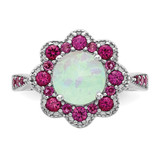 Cheryl M Sterling Silver Rhodium-plated Cabochon Lab Created Opal and Brilliant-cut Red Nano Crystal Flower Ring - QC-A1926BA8-6509