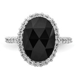 Cheryl M Sterling Silver Rhodium-plated Checker-cut Black CZ and Brilliant-cut White CZ Oval Halo Ring - QC-2FB528D1-8317