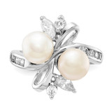 Cheryl M Sterling Silver Rhodium-plated Freshwater Cultured Pearl and Brilliant-cut CZ Leaves Ring - QC-ACB0AEDB-2345