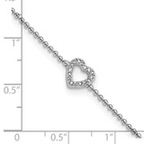 Cheryl M Sterling Silver Rhodium-plated Polished and Beaded CZ Heart 9.5 Inch with 1 Inch Extension Anklet