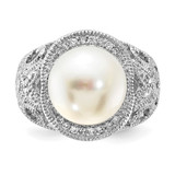 Cheryl M Sterling Silver Rhodium-plated Polished and Textured CZ and Freshwater Cultured Pearl Ring - QC-413756C8-3834