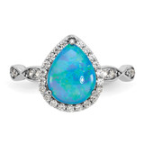 Cheryl M Sterling Silver Rhodium-plated Polished Blue Lab Created Opal and CZ Teardrop Halo Ring - QC-C222A90C-2571