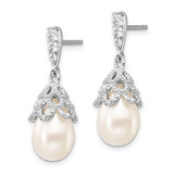Cheryl M Sterling Silver Rhodium-plated Teardrop White Freshwater Cultured Pearl and Brilliant-cut CZ Post Dangle Earrings - QC-DCE4AEE5-6354