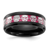 Chisel Stainless Steel Polished Black IP-plated Skulls with Pink Carbon Fiber Inlay 8mm Band - SR-338A0E3B-8784