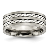 Chisel Titanium Antiqued and Brushed with Sterling Silver Braided Inlay 8mm Band - TB-7DC44E52-9486